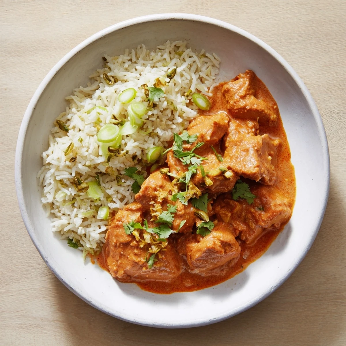 A close-up of steaming Butter Chicken, creamy sauce over tender chicken, served with rice pilaf.