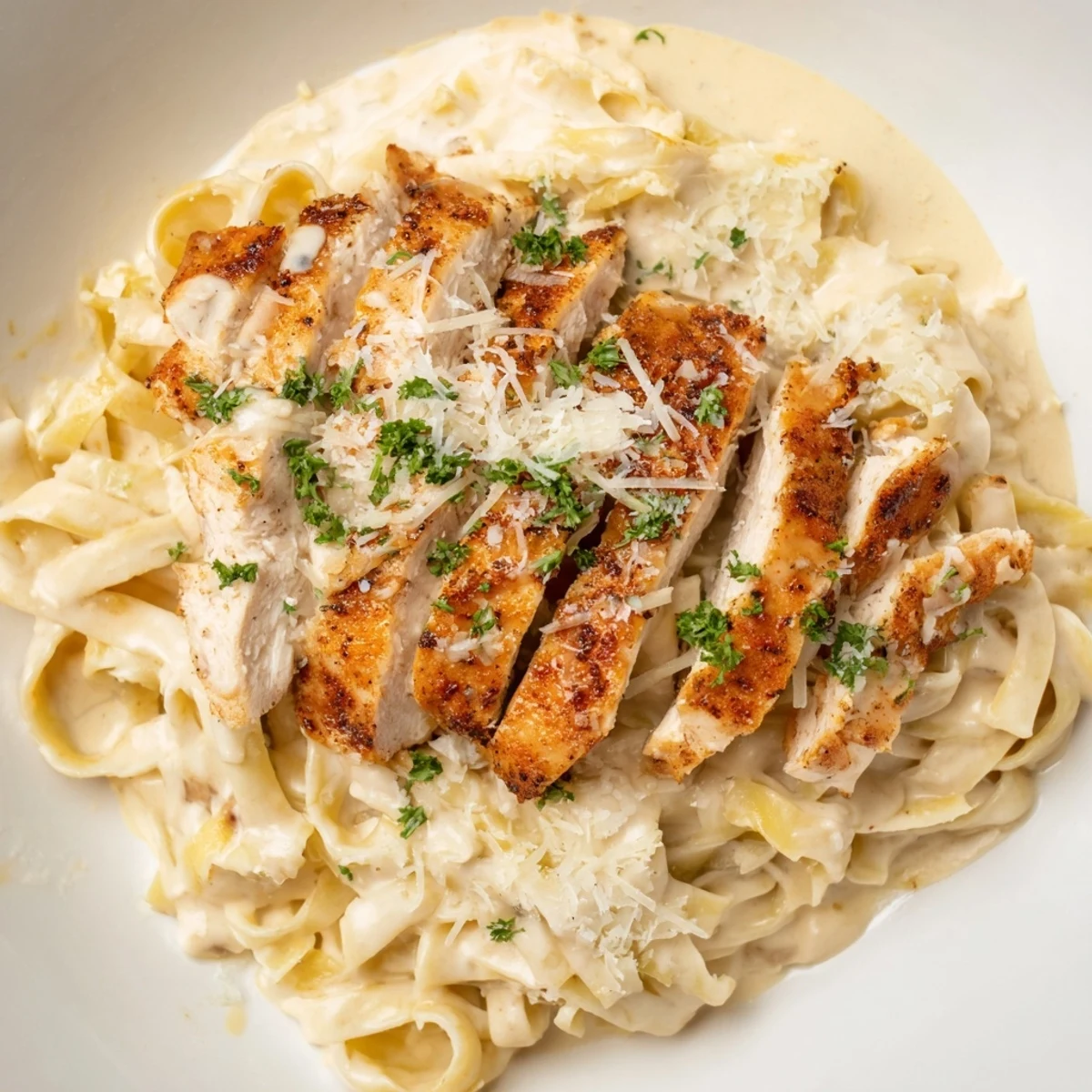 Sizzling Spicy Cajun Chicken Alfredo with creamy sauce, parsley garnish, and tender chicken slices.