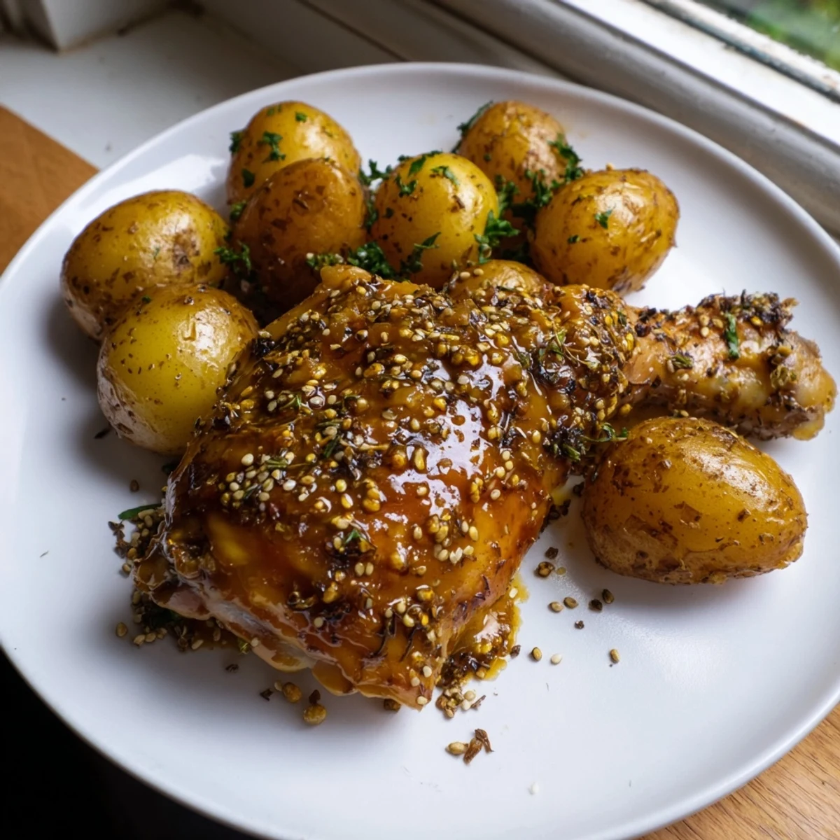 Close-up of baked honey mustard chicken and potatoes, showing crispy skin and tender potato halves.