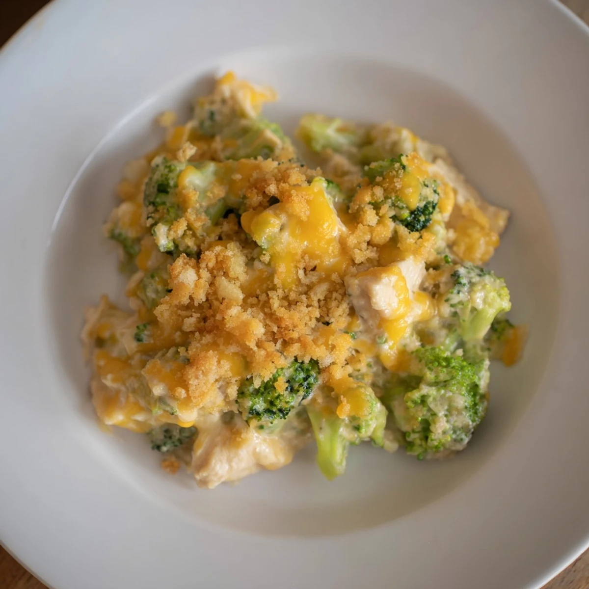 A close-up of a creamy and cheesy Cheddar Broccoli Chicken Bake, perfect for a warming family dinner.