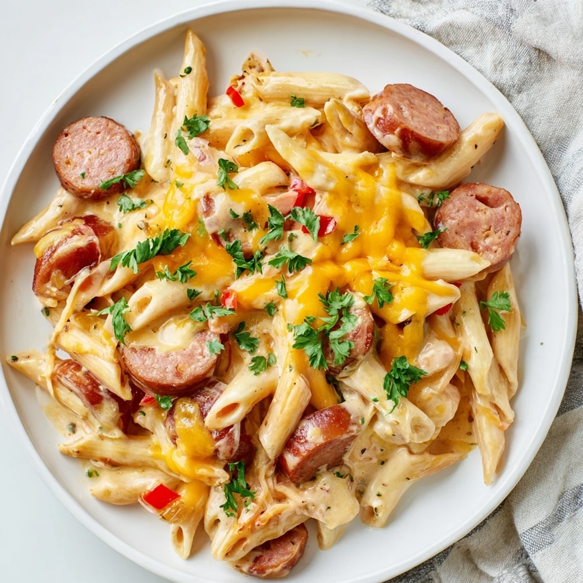 Golden, bubbly Smoked Sausage & Cheddar Pasta Bake with melted cheese and a tender pasta base.