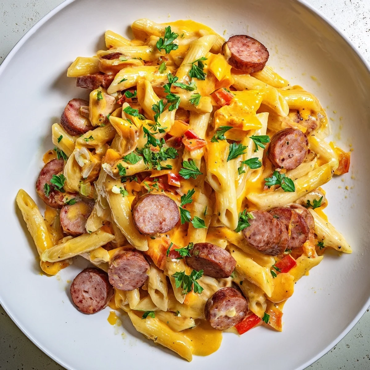 A close-up of a steaming bowl of Smoked Sausage & Cheddar Pasta Bake, ready to serve and enjoy.
