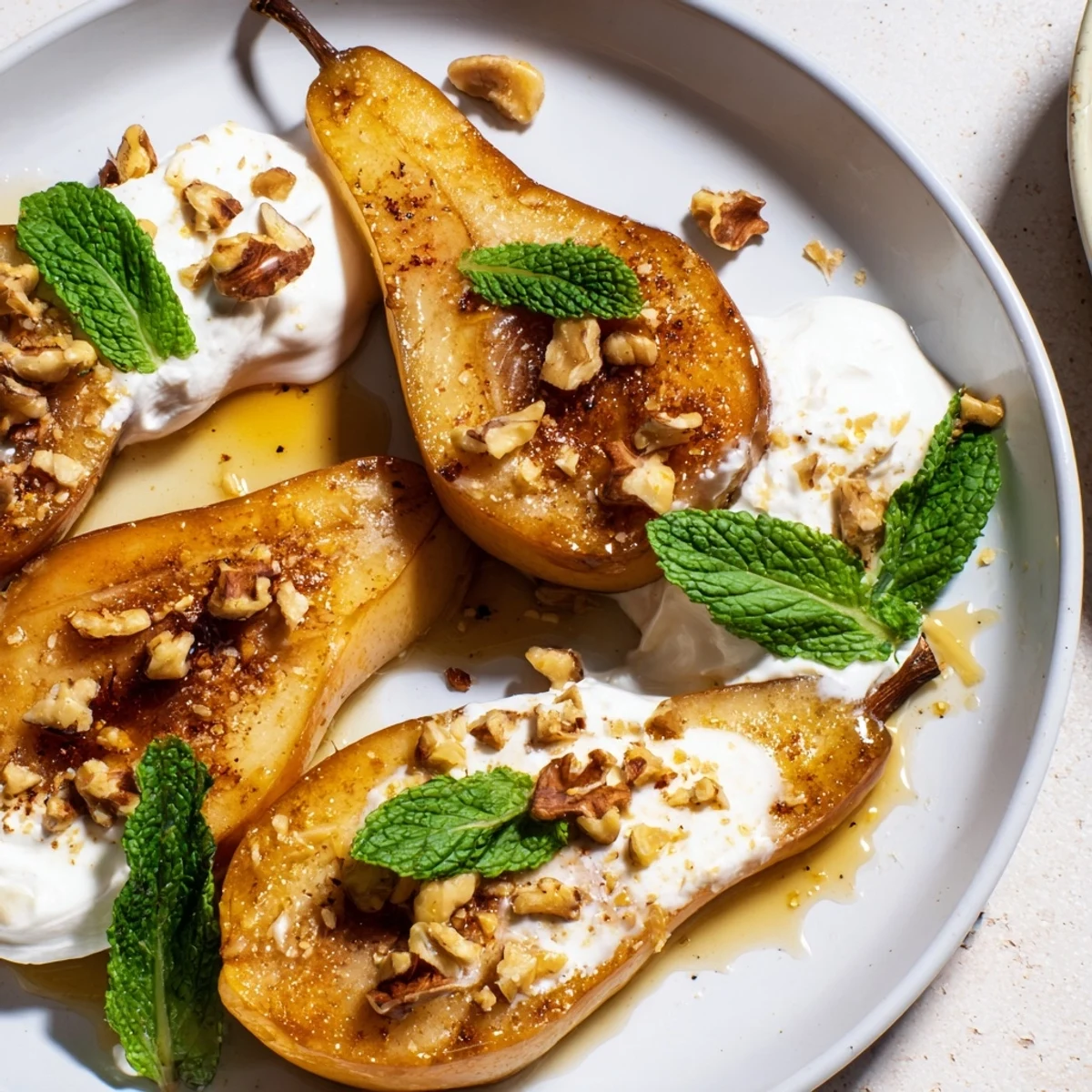 Close-up shot shows tender roasted pears with cinnamon, a walnut topping & Greek yogurt, a Mediterranean recipe.
