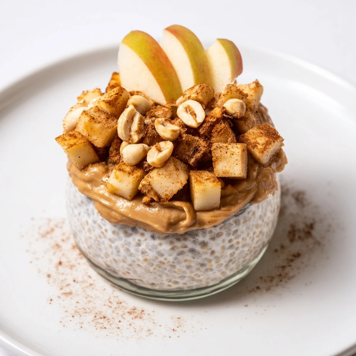 Creamy layers of Apple-Chia Pudding with Peanut Butter, topped with fresh apple slices and peanuts.