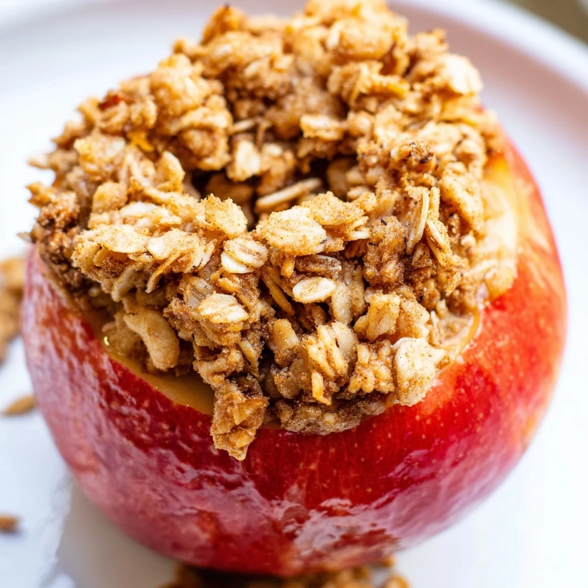 Golden-brown baked apples with oat-nut crumble, offering a delightful aroma and warm, comforting flavors.