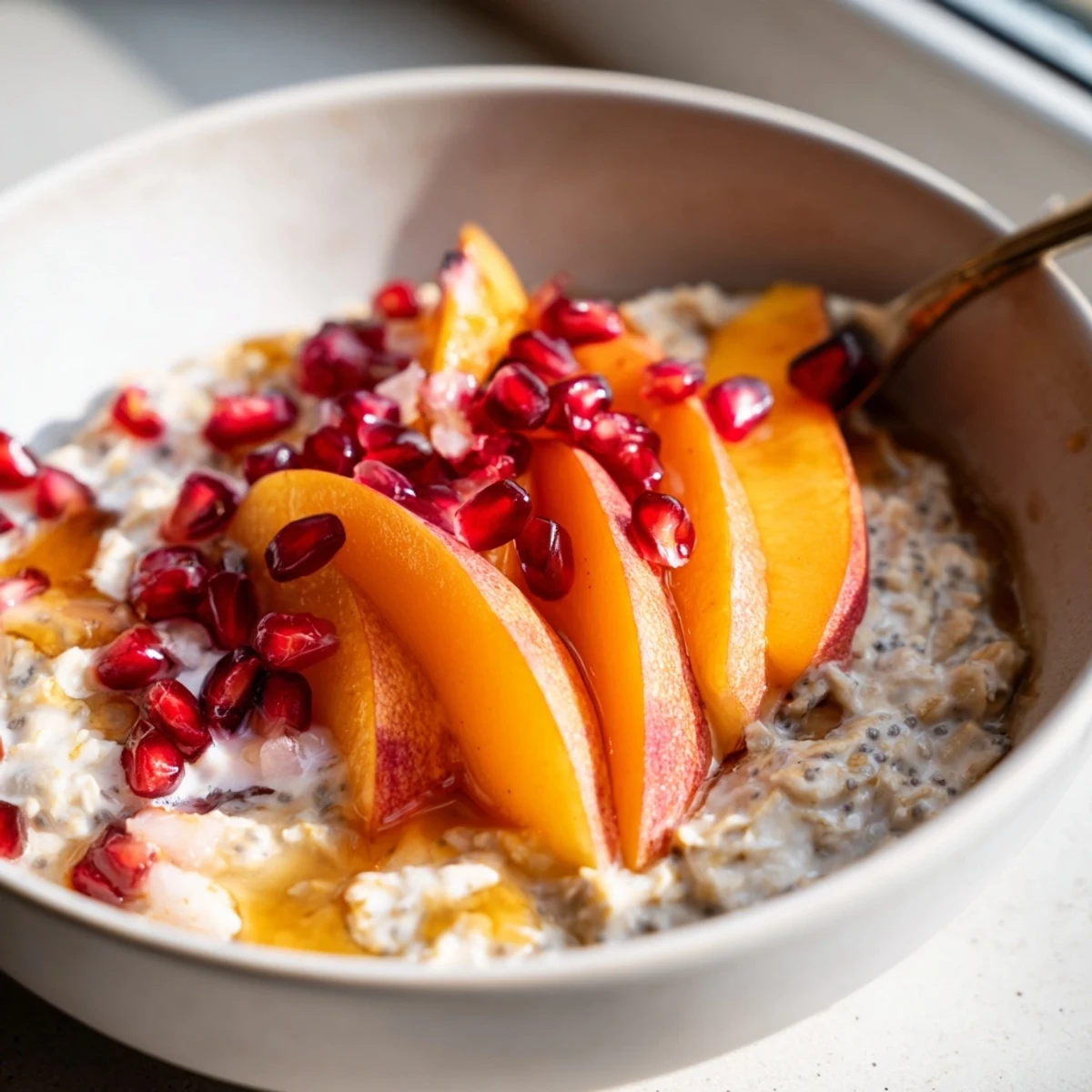Creamy overnight oats with persimmon, pomegranate, and chia seeds, a colorful breakfast ready to eat.