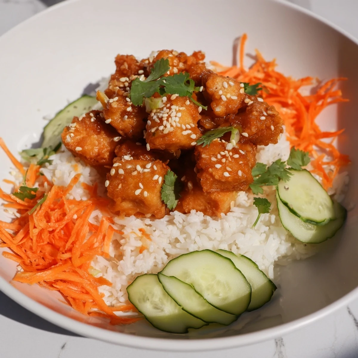 Golden-brown Chili-Mayo Baked Tofu Bowls, with vibrant vegetables and creamy avocado, ready to eat.