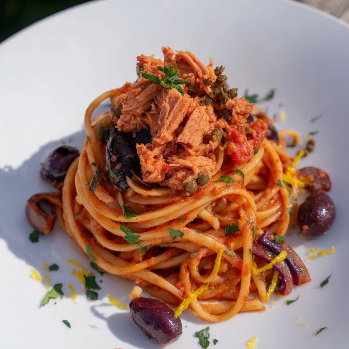 Pasta with Tuna, Olives & Capers, a bright Mediterranean pasta dish, ready to savor.