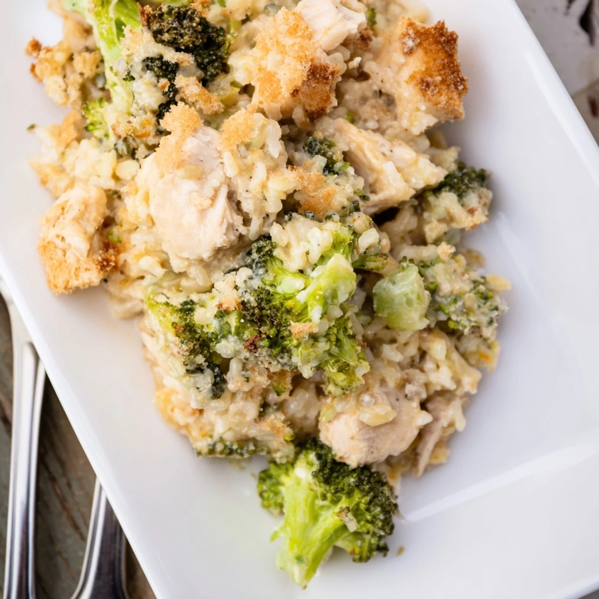 Golden, bubbling Chicken & Broccoli Rice Casserole, a family favorite with cheese topping and creamy sauce.