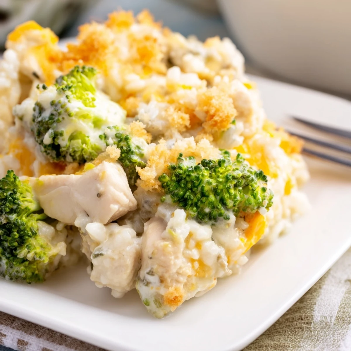 Close-up of baked Chicken & Broccoli Rice Casserole, showcasing the fluffy rice and broccoli florets.