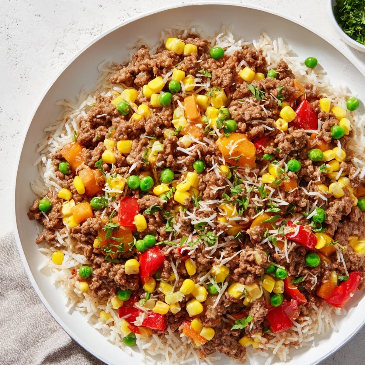 Ground Beef Skillet with Veggies & Rice: A steaming, colorful one-pan meal with fluffy rice and savory beef.