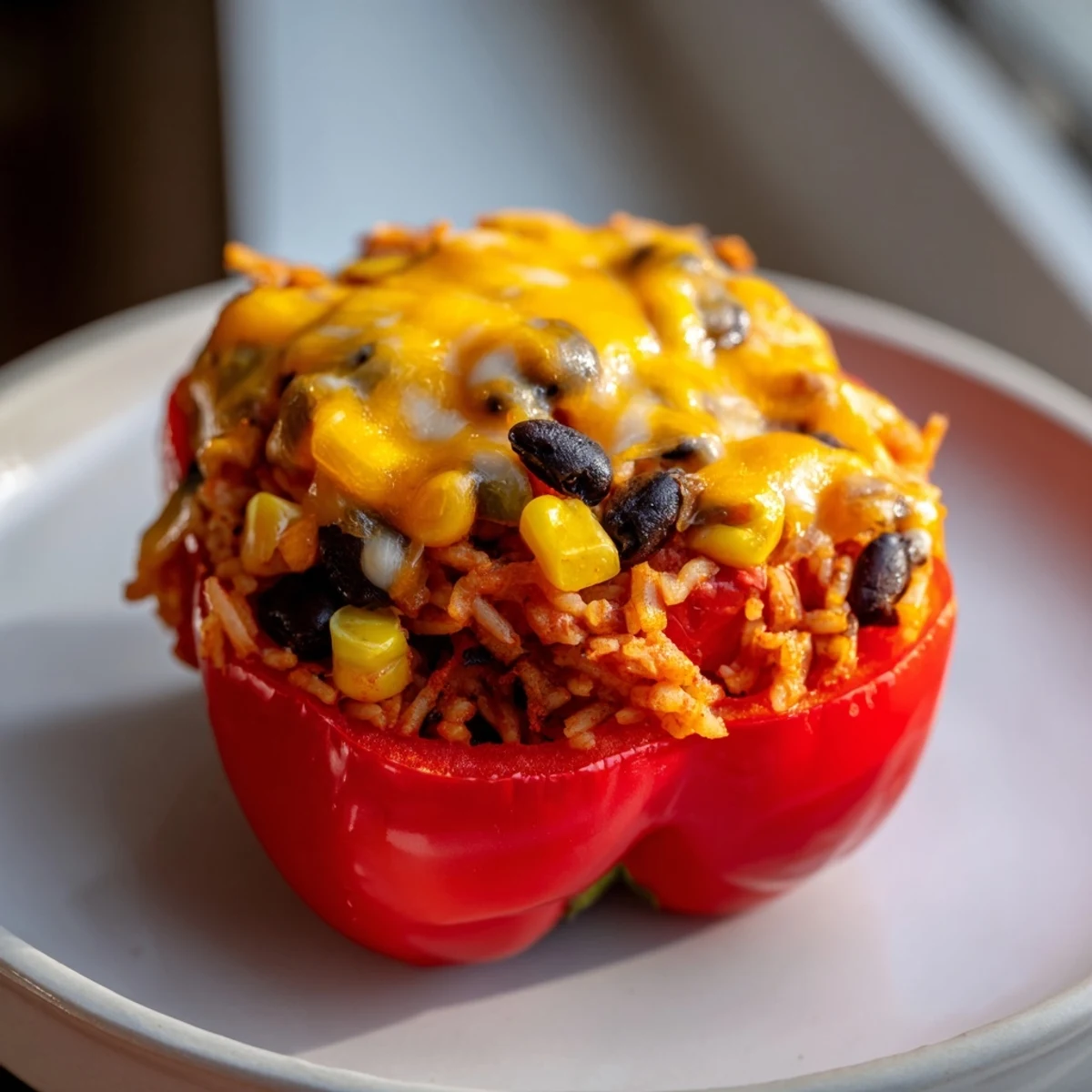 Steam rising from flavorful stuffed bell peppers, freshly baked with a hint of smoky paprika.