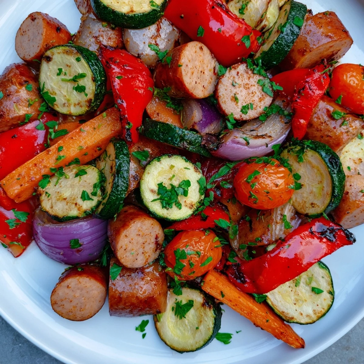 Golden brown sheet-pan roasted veggies & sausage bursting with roasted flavor, perfect for dinner.