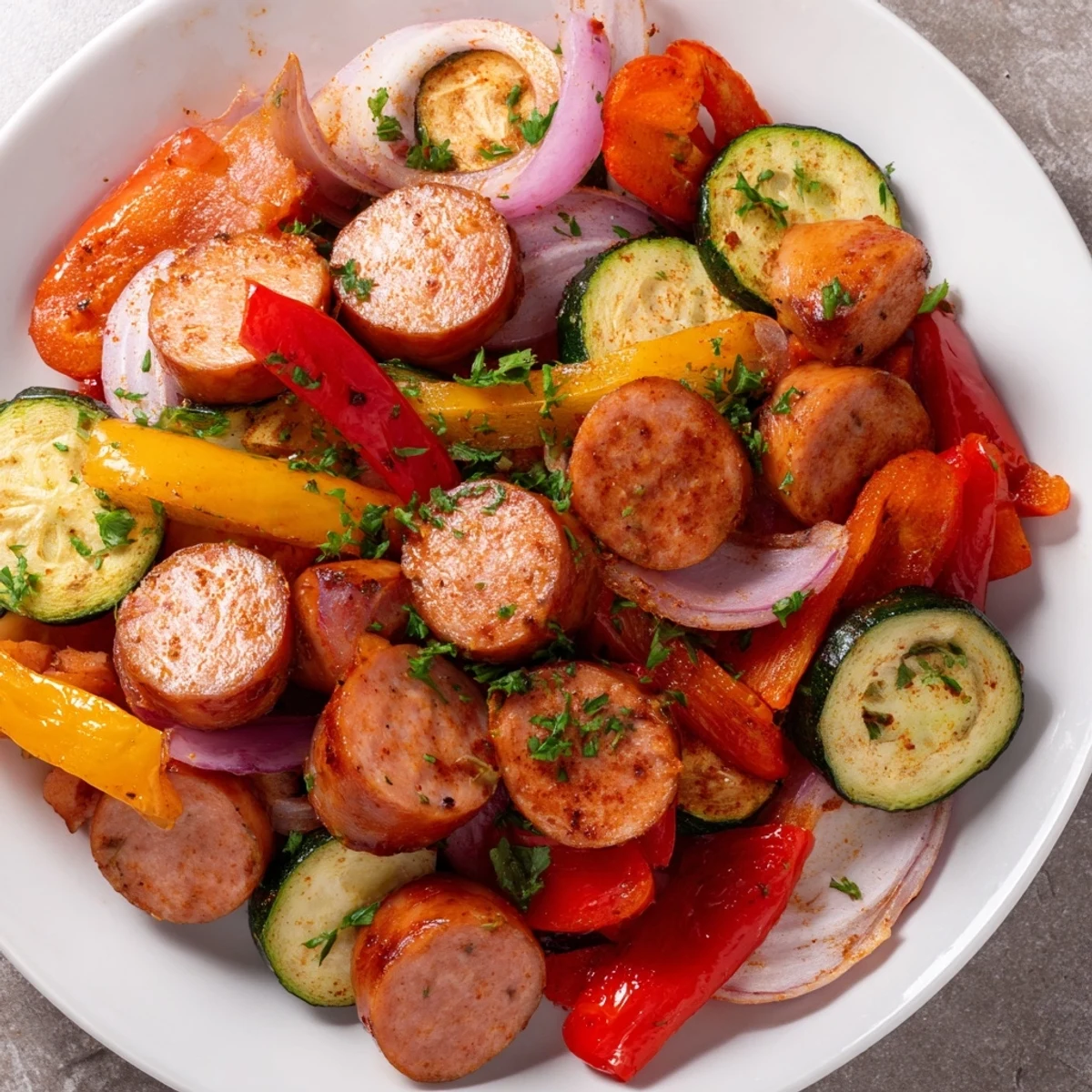 Vibrant sheet-pan roasted veggies & sausage with juicy tomatoes, tender vegetables, ready to serve.