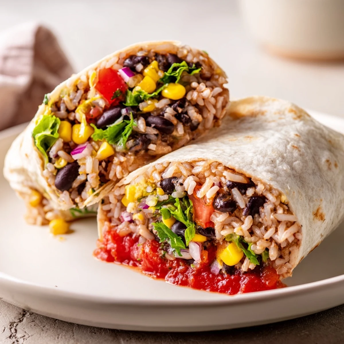 Steaming Rice & Bean Burritos reveal vibrant layers of beans, rice, and salsa, ready to eat.