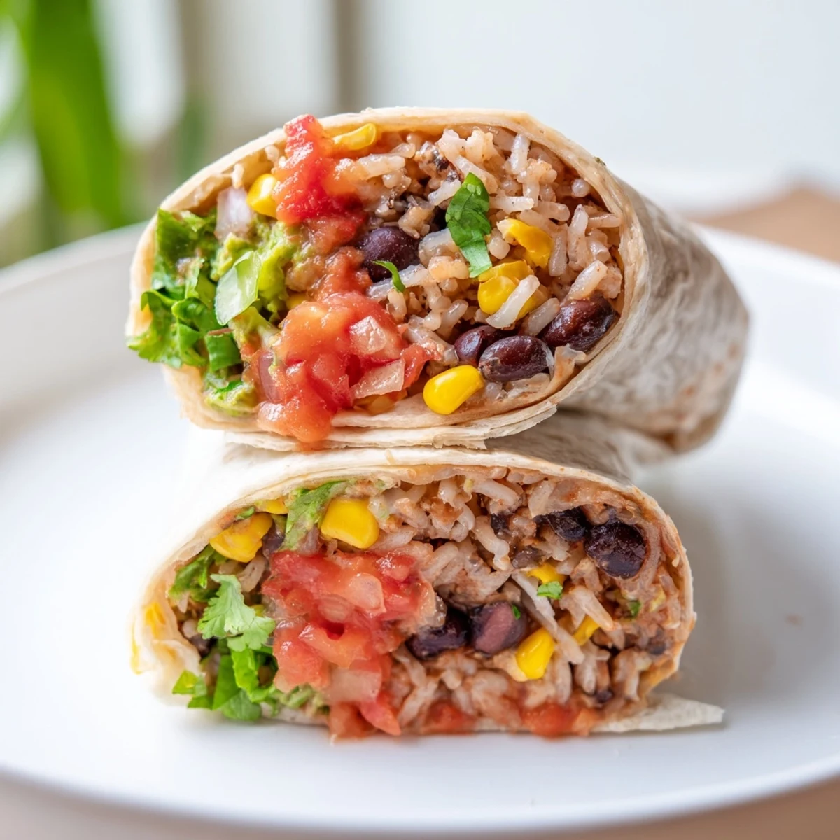 A close-up of a fully-loaded Rice & Bean Burrito, filled with colorful ingredients, perfect for dinner.