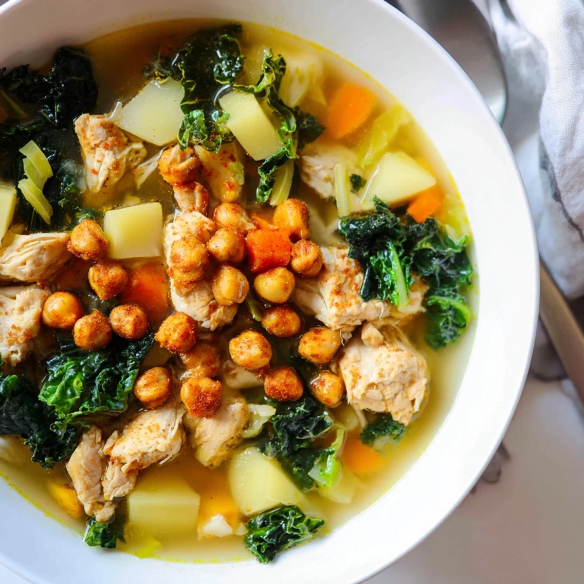 A steaming bowl showcasing delicious Chicken Kale Soup with golden chickpeas, perfect for a cozy dinner.