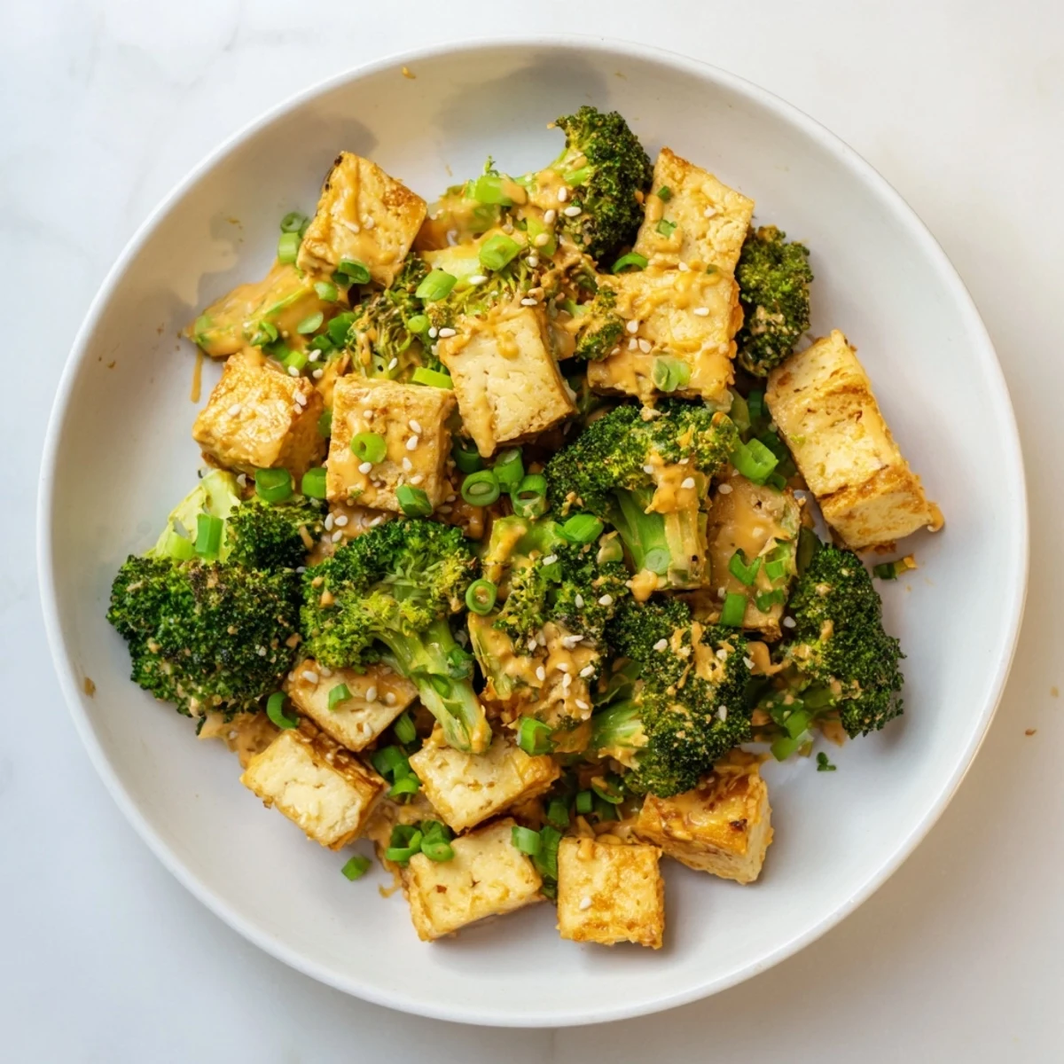 Golden-brown Cheesy Baked Tofu and Broccoli, smothered in a sesame-ginger sauce, ready to serve.