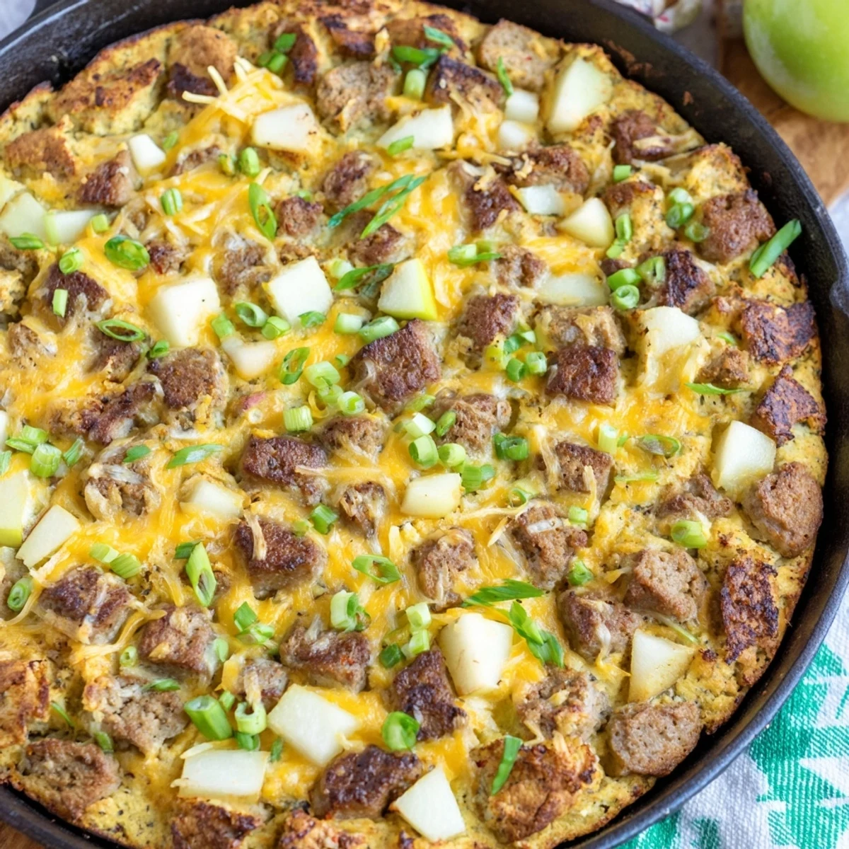 Imagine a warm, rustic skillet of Savory Apple, Sausage, and Cheddar Scones, brimming with cheese.