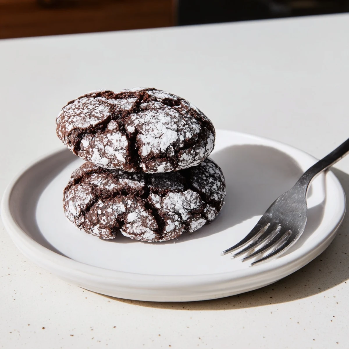 These chewy Chocolate Crinkle Cookies are pictured, coated in powdered sugar and ready to eat.