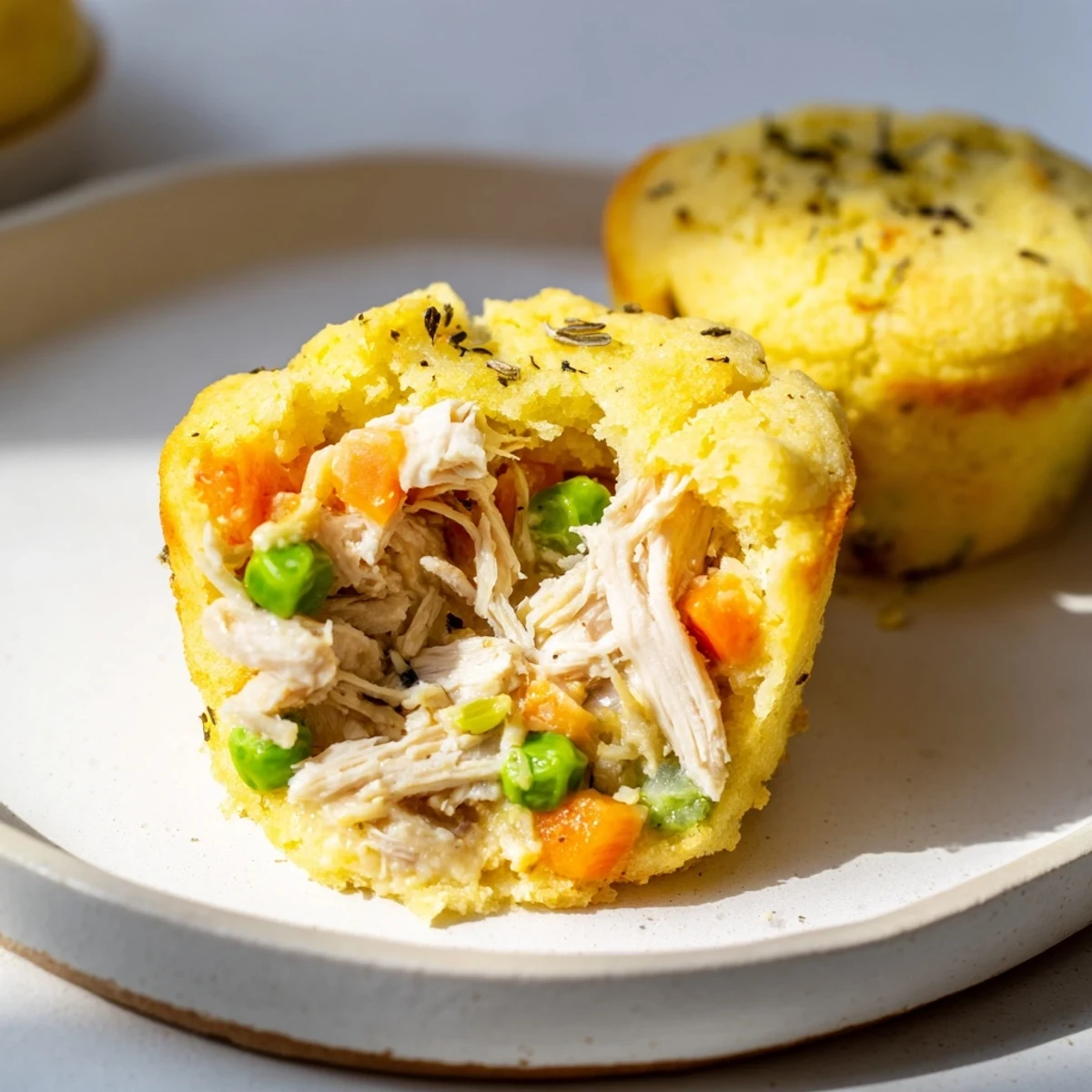 Fluffy Chicken Pot Pie Cornbread Muffins, topped with golden cornbread, evoke classic American comfort food.