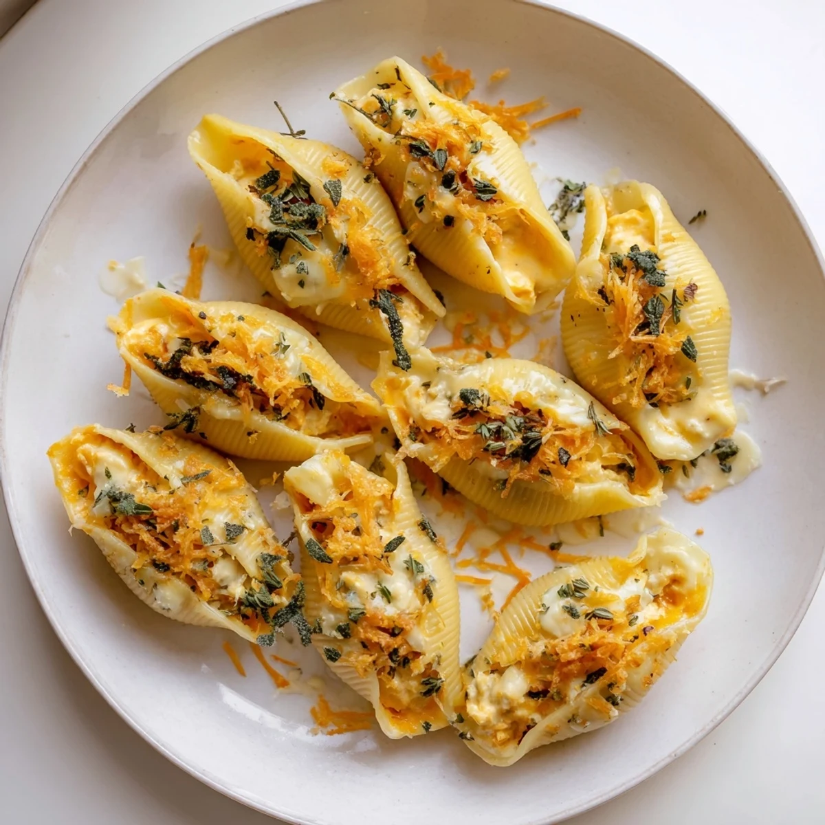 Golden-baked Pumpkin & Gouda Stuffed Shells, bubbling with cheese, ready for your first comforting bite.