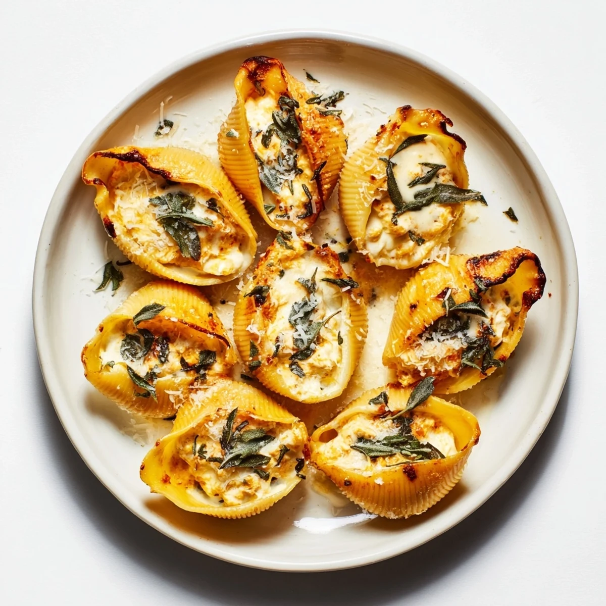 A close-up of creamy Pumpkin & Gouda Stuffed Shells, drizzled with brown butter sauce and sage.