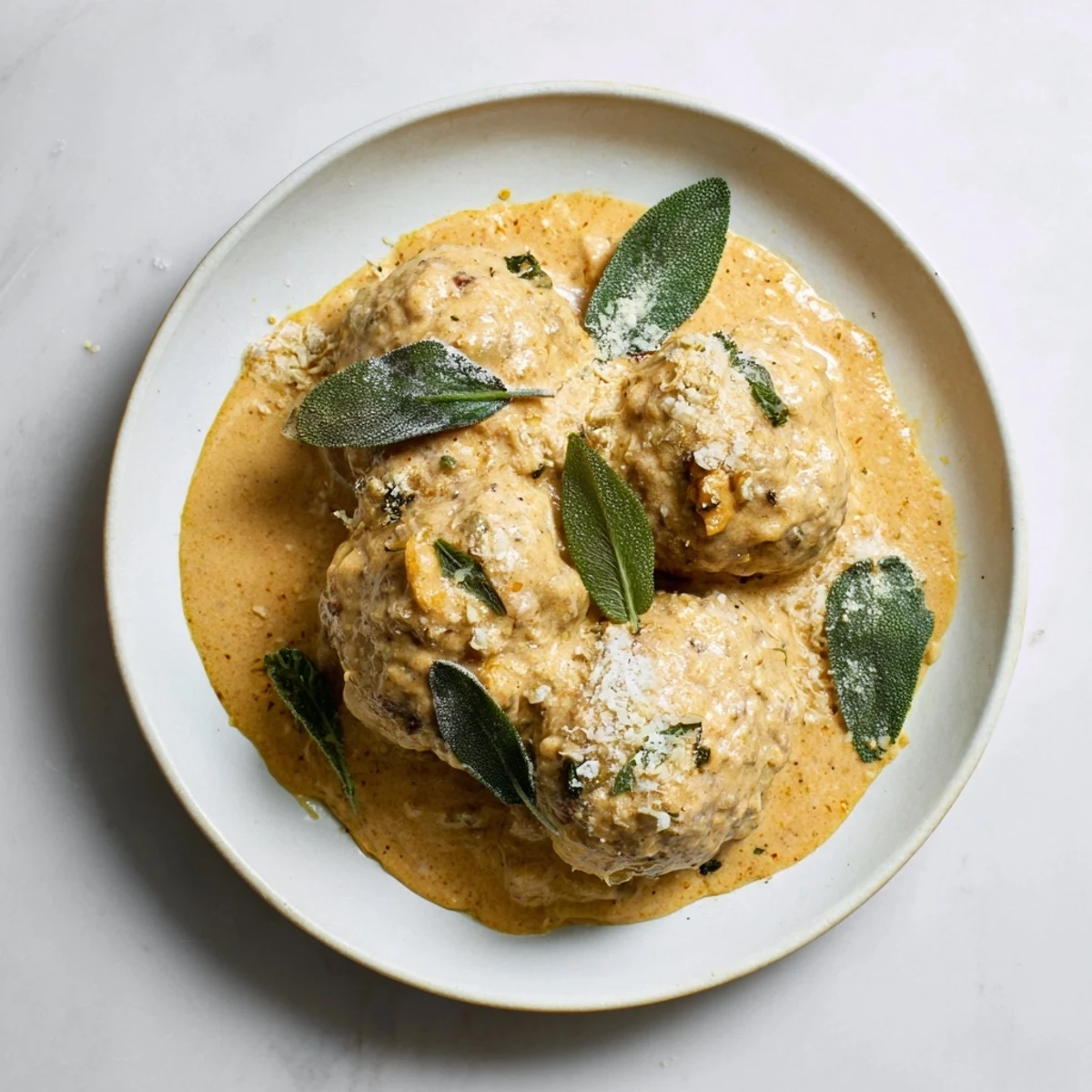 Golden-brown turkey meatballs swimming in a creamy, vibrant pumpkin sage sauce for dinner.