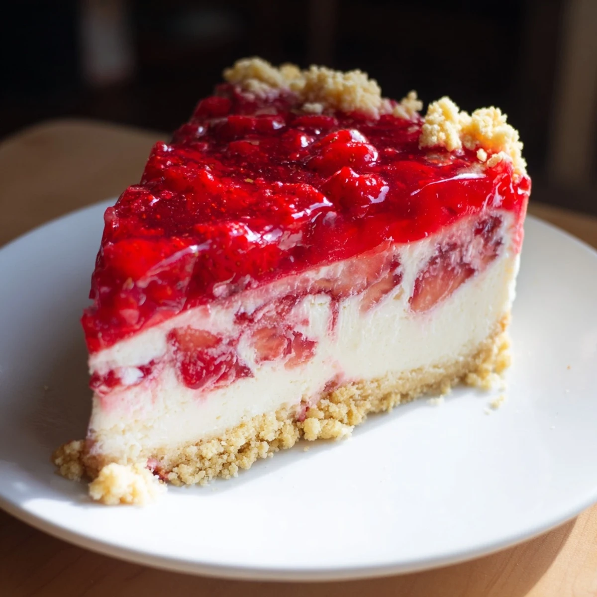 A slice of decadent strawberry shortcake cheesecake shows off its creamy layers and a crumble topping.