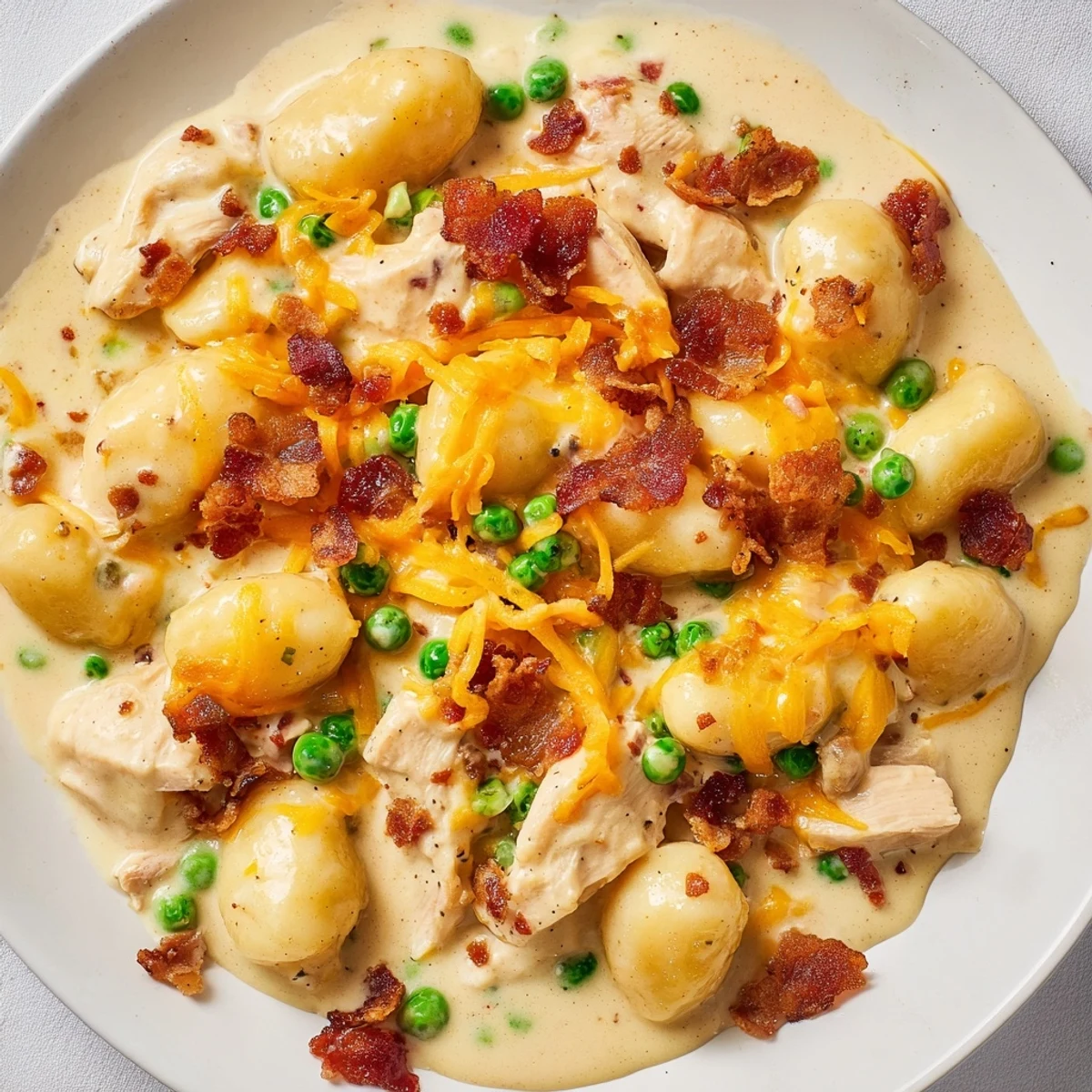Warm, inviting photo of Creamy Crack Chicken Gnocchi: tender gnocchi coated in a delicious, cheesy sauce.