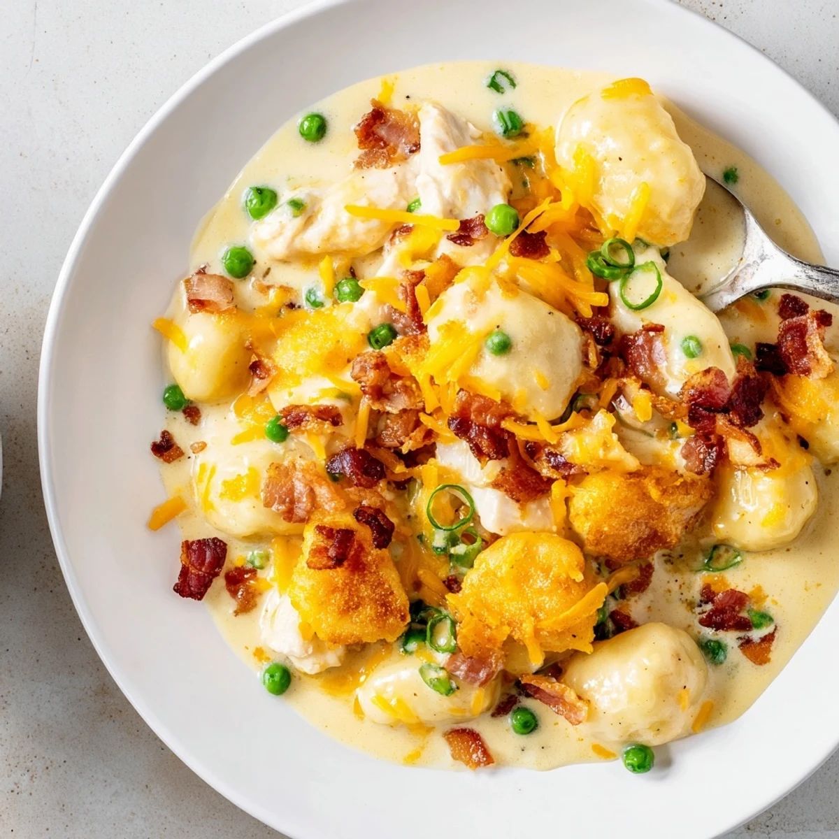 Creamy Crack Chicken Gnocchi, a comforting dinner featuring bacon and cheesy sauce over fluffy gnocchi.