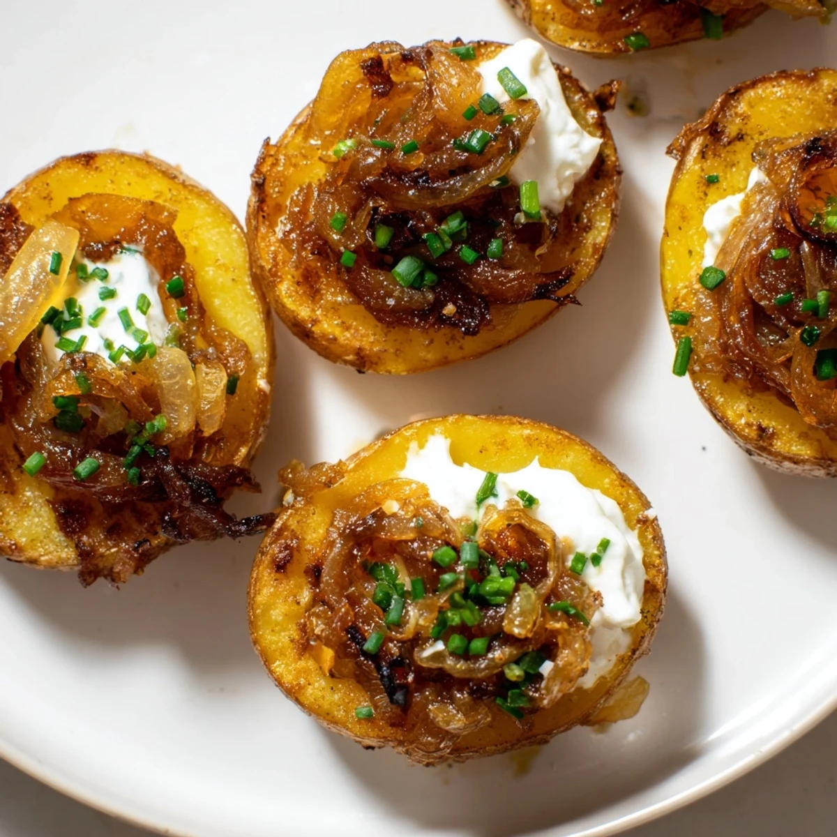 Savory Lightened French Onion Potato Bites, featuring caramelized onions and chives, ready to serve as a delicious appetizer.