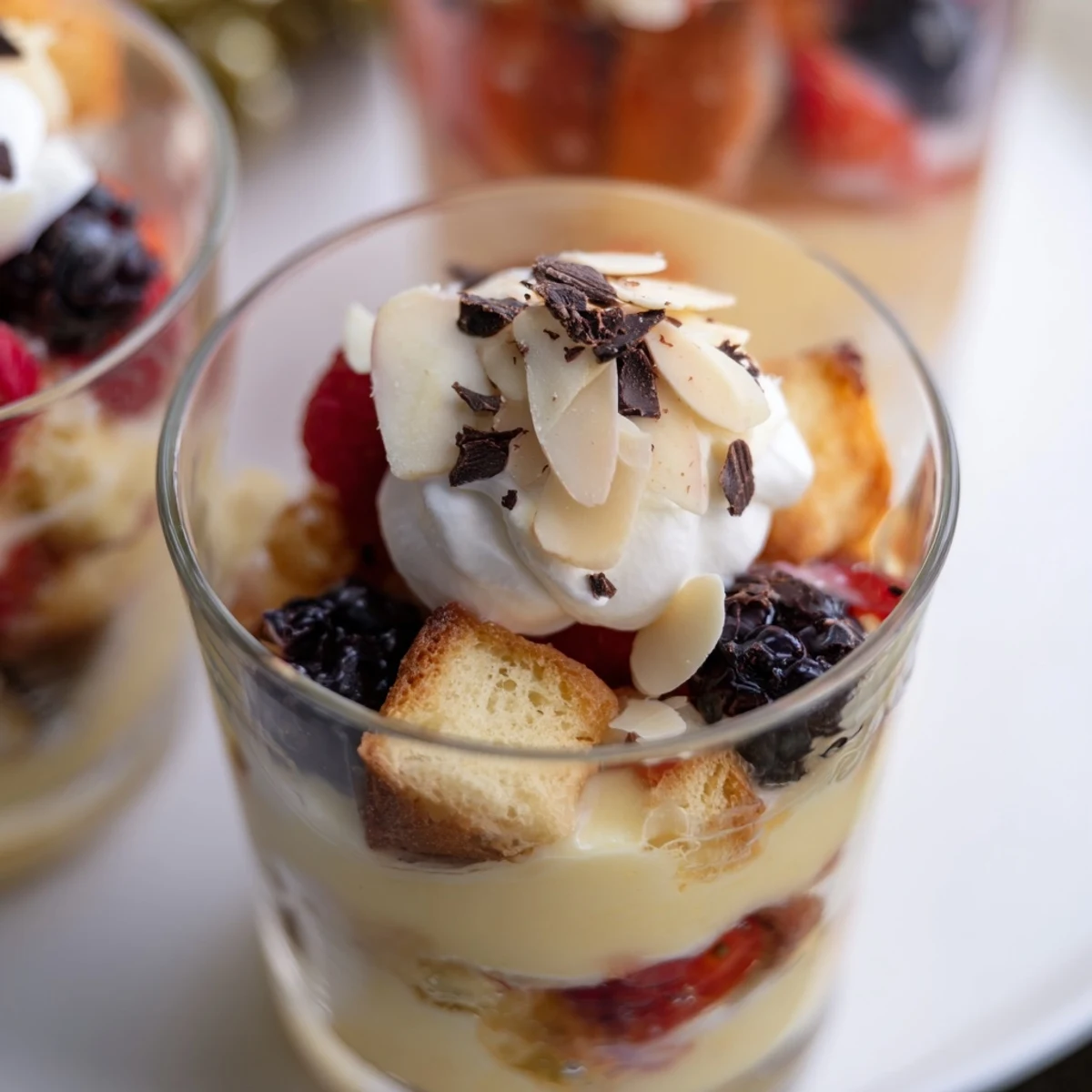 A single Simplified Christmas Trifle Cup, layered with red berries, custard, and whipped cream.