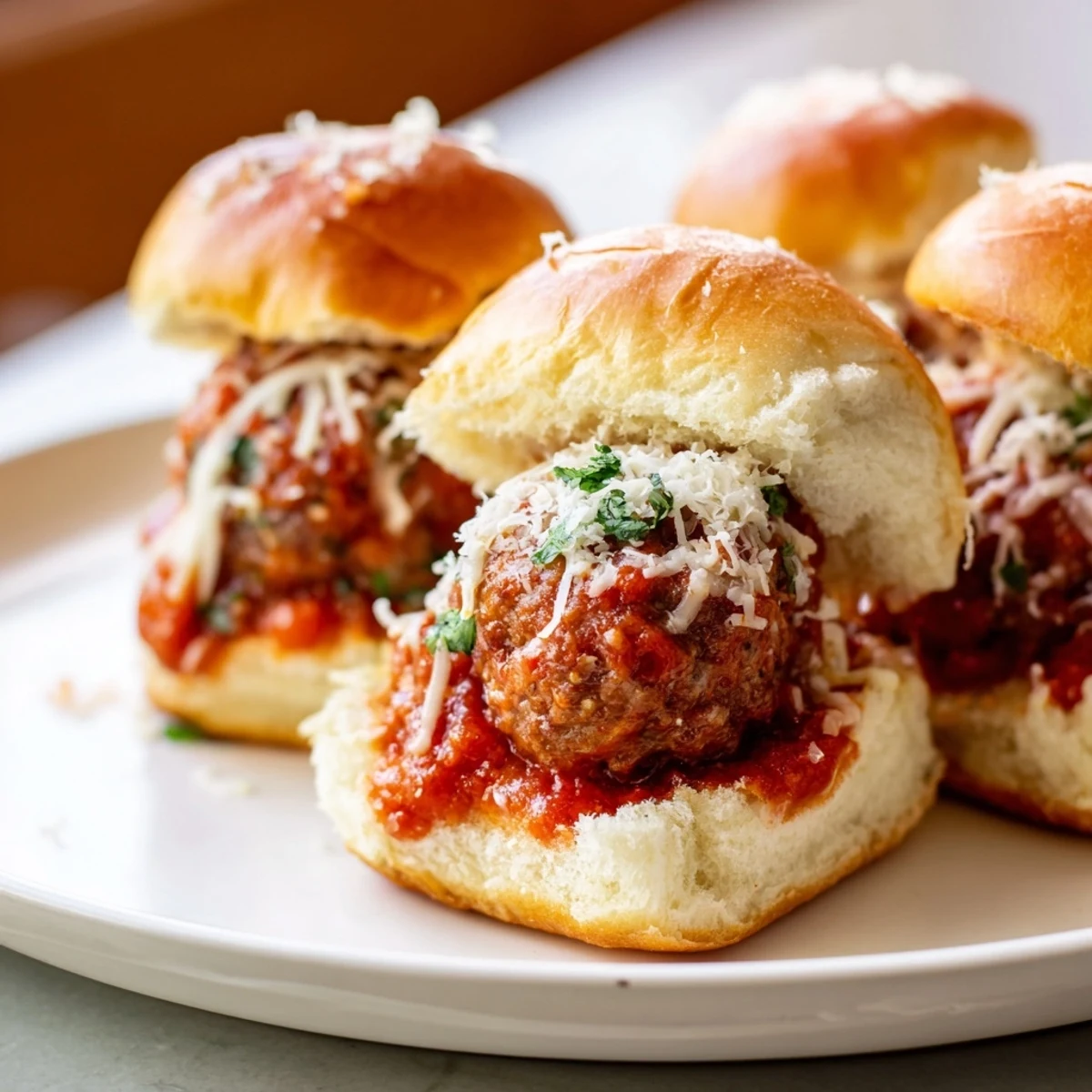 Golden-brown Easy Christmas Meatball Sliders with melted cheese are ready to enjoy at any gathering.