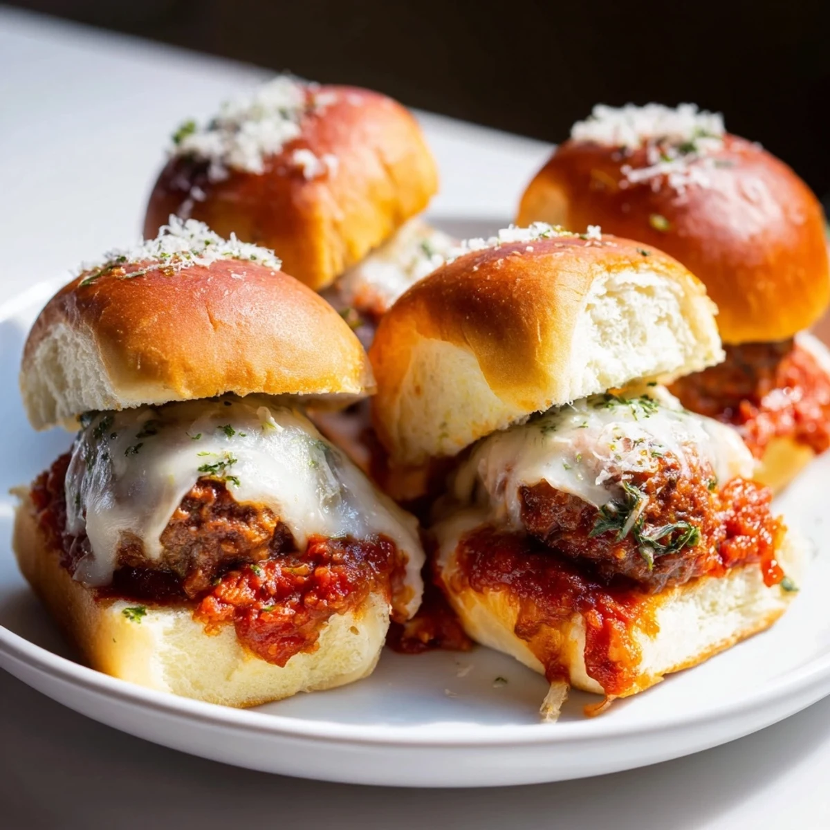 Juicy Easy Christmas Meatball Sliders, piled high with cheese and marinara, make a fantastic holiday appetizer.