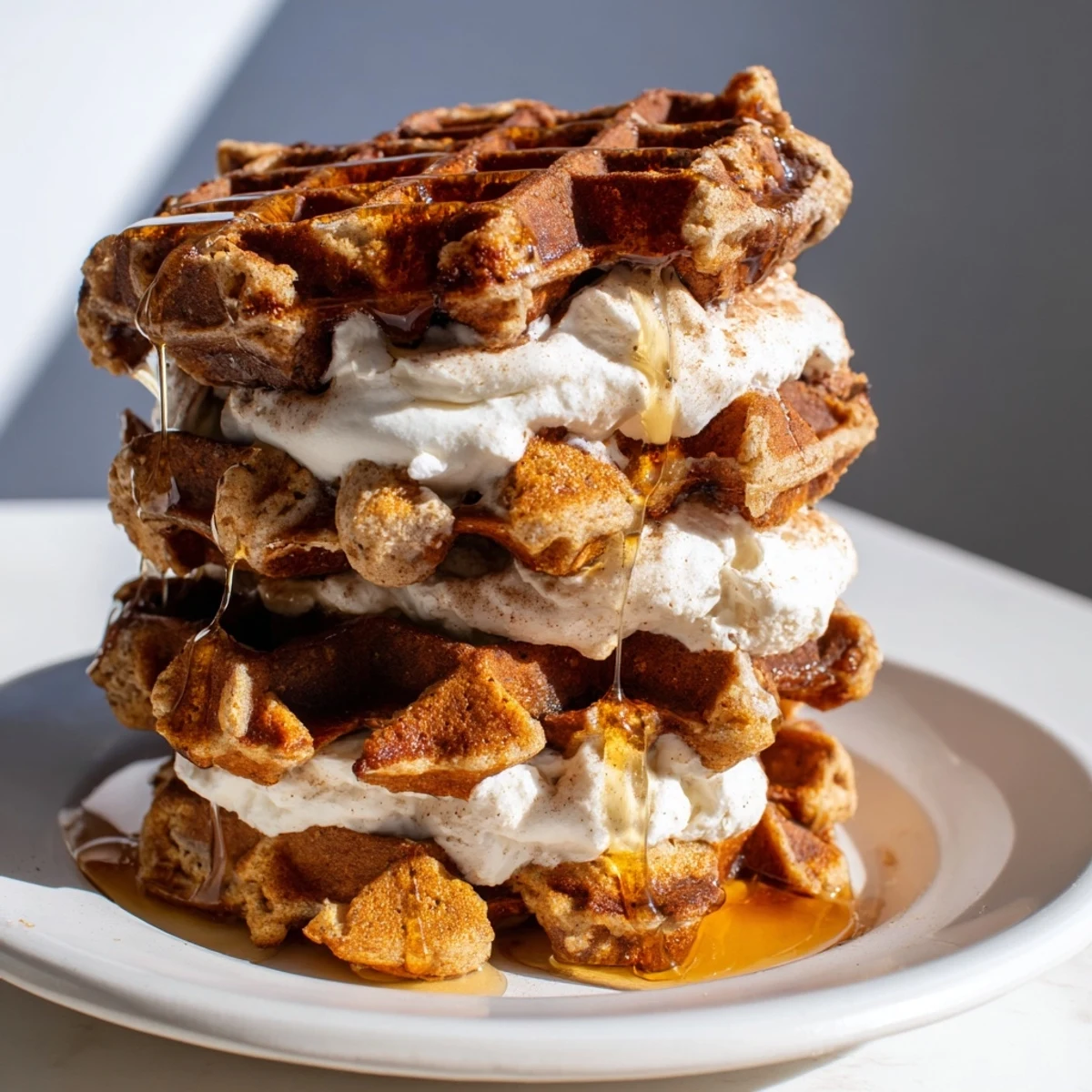 Homemade Express Gingerbread Waffle Stacks with a delightful spiced aroma, ideal for a holiday meal.