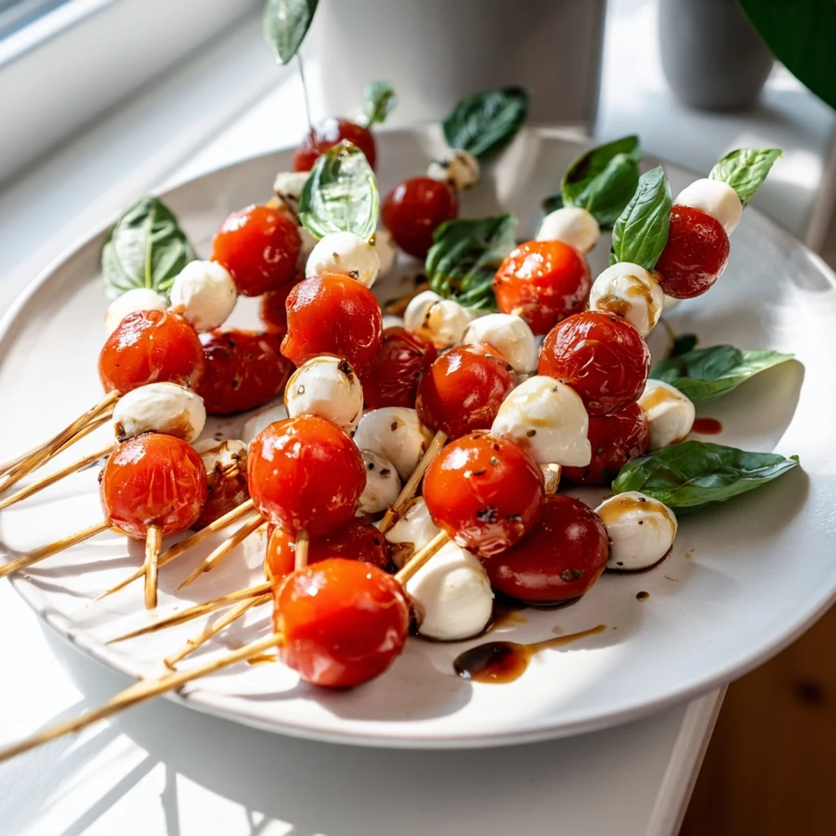 Festive Easy Christmas Tree Caprese Skewers with juicy tomatoes, basil, and creamy mozzarella, ready to serve as an appetizer.