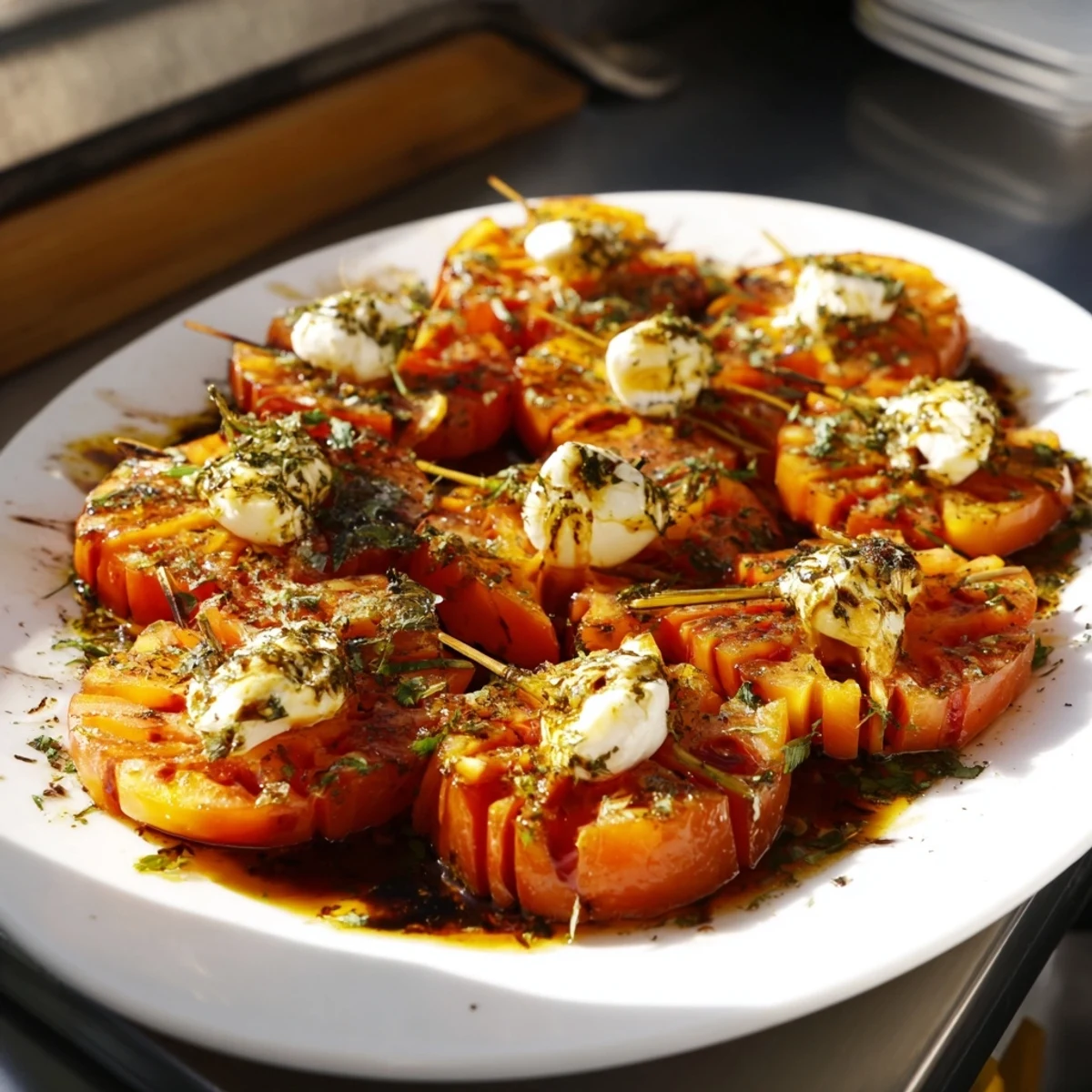Fresh basil and mozzarella on Easy Christmas Tree Caprese Skewers, a delightful holiday appetizer with a balsamic drizzle.