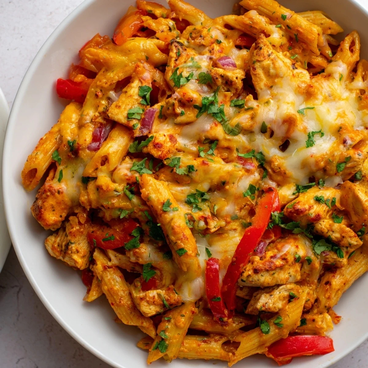 A close-up of steaming Baked Salsa Chicken Pasta, showing the tender chicken and colorful salsa filling.