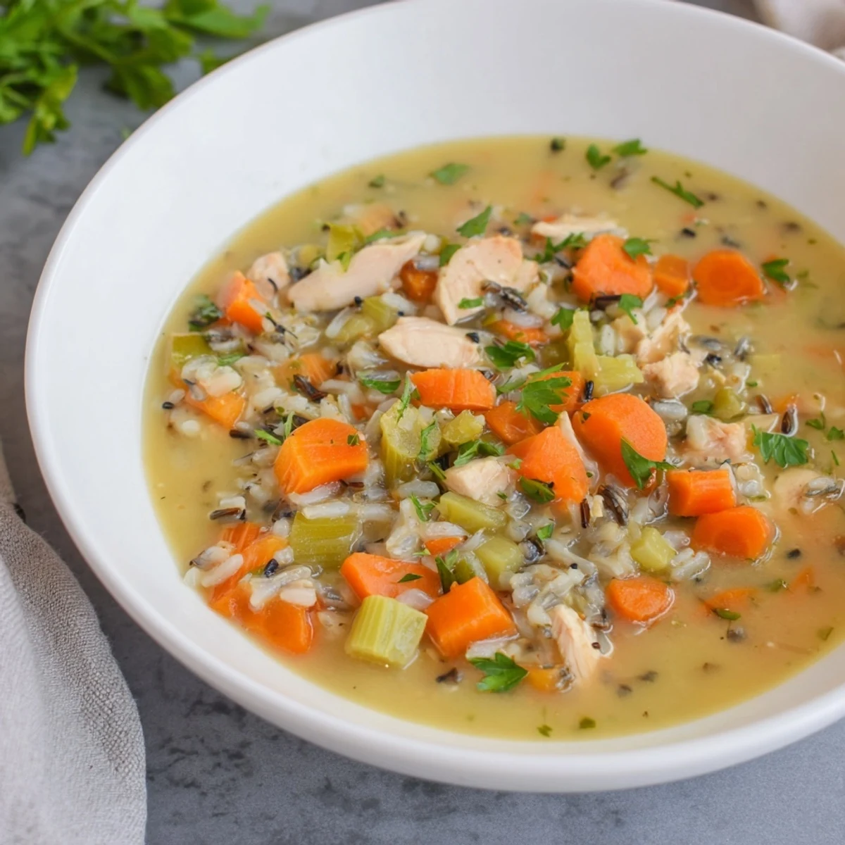 Deliciously thick Quick Chicken and Wild Rice Soup served with crusty bread for a perfect, easy lunch.