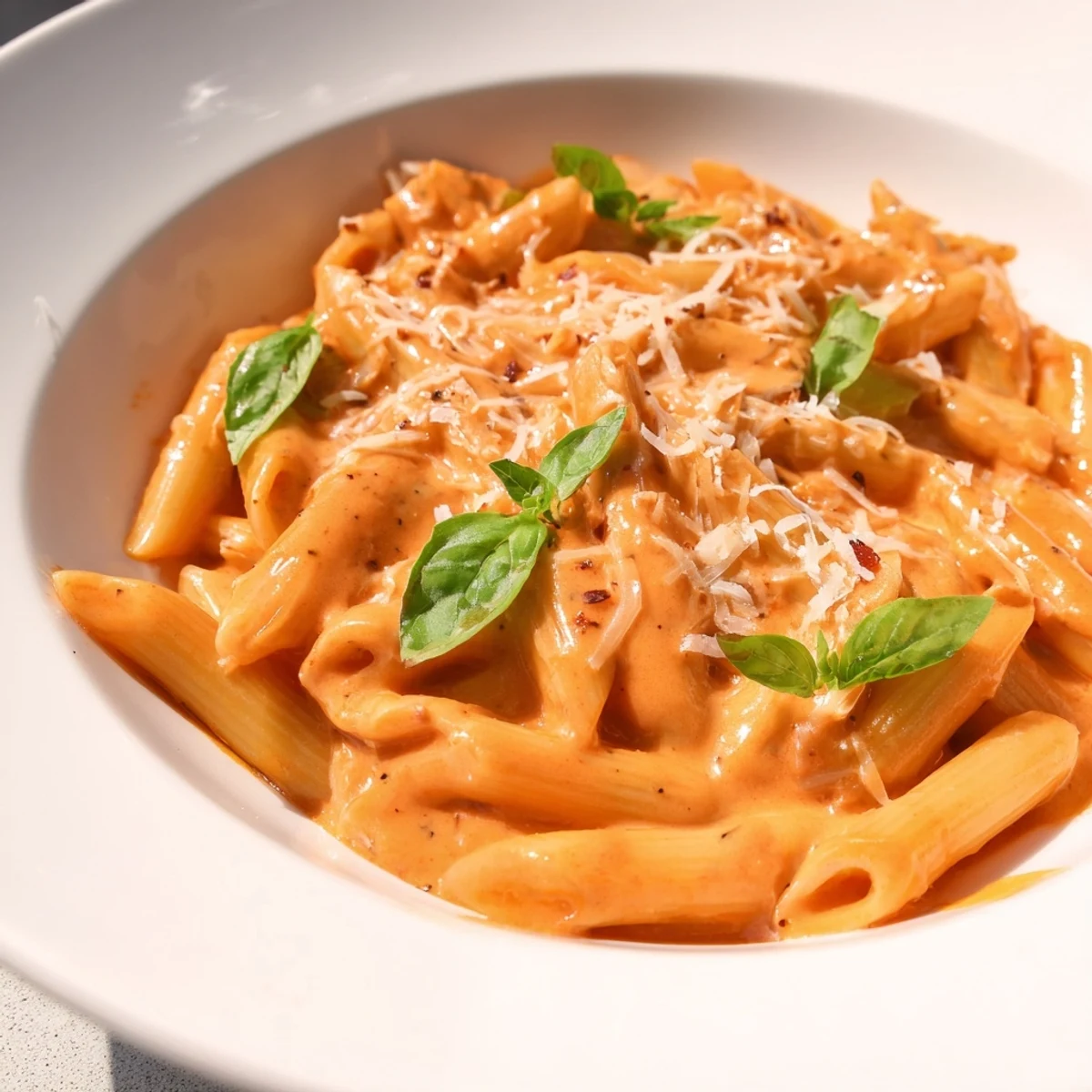 Steaming bowl of 15-Minute Creamy Red Pepper Pasta, topped with fresh basil, ready to enjoy.