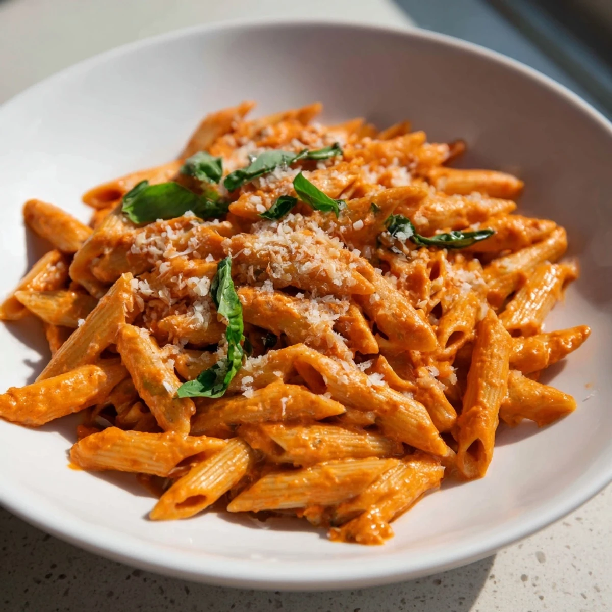 Silky smooth roasted red pepper sauce coats the 15-Minute Creamy Red Pepper Pasta, a vegetarian delight.