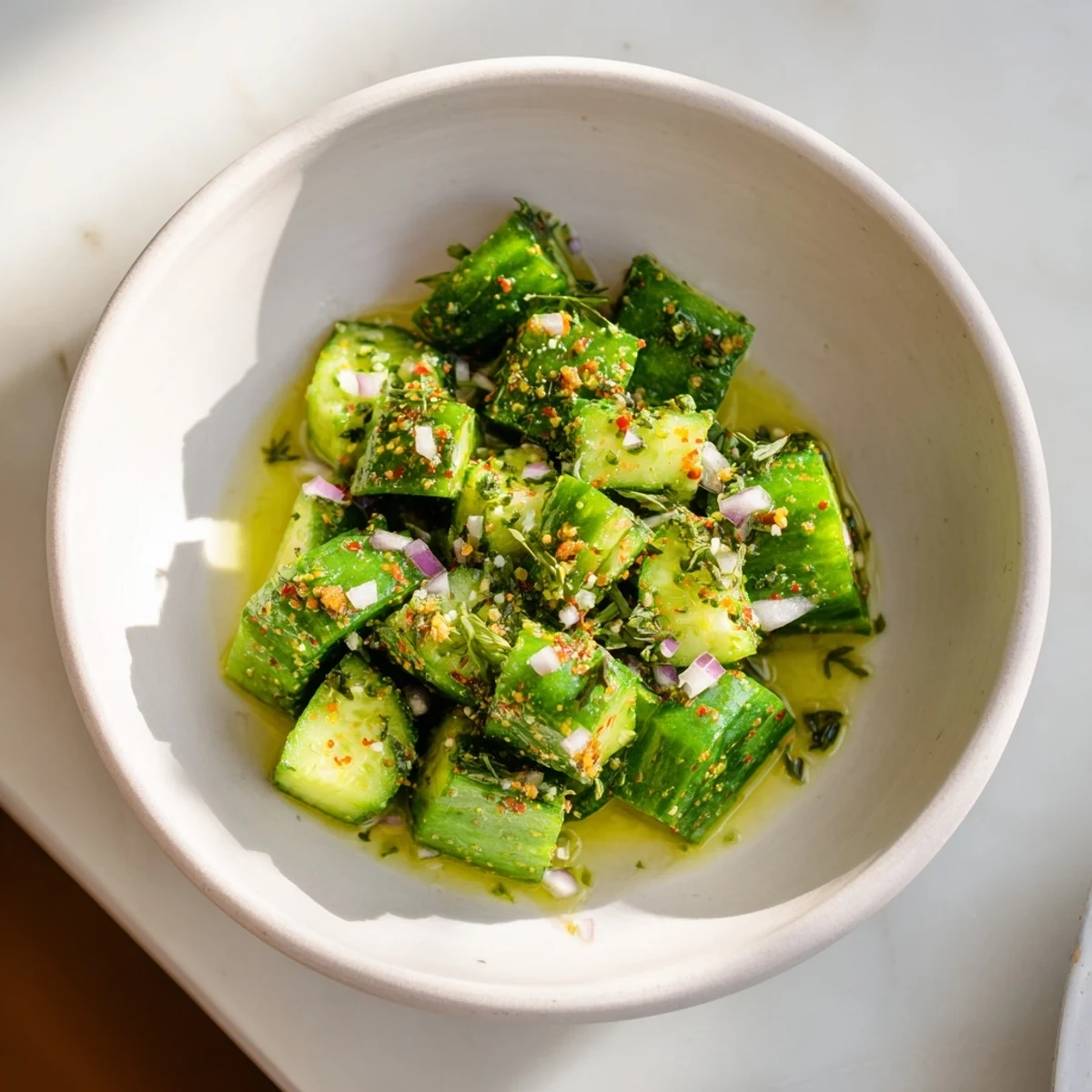 Bright summertime image of Simple Cucumber and Dill Chopped Salad ready to enjoy on a warm day.