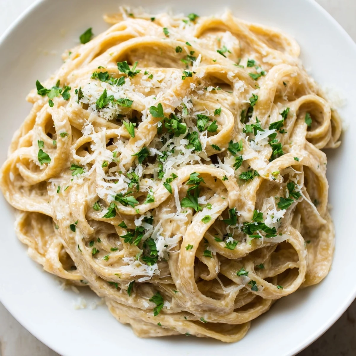 Steaming plate of Skinny Alfredo Garlic Parmesan Snowy Pasta with fresh parsley and extra Parmesan.