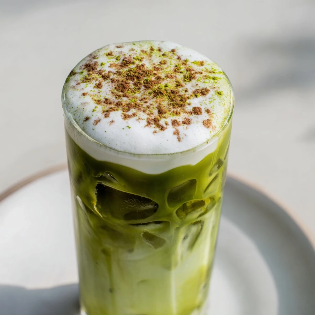Iced Matcha Latte with cinnamon roll protein foam offers a refreshing, vibrant, layered look.