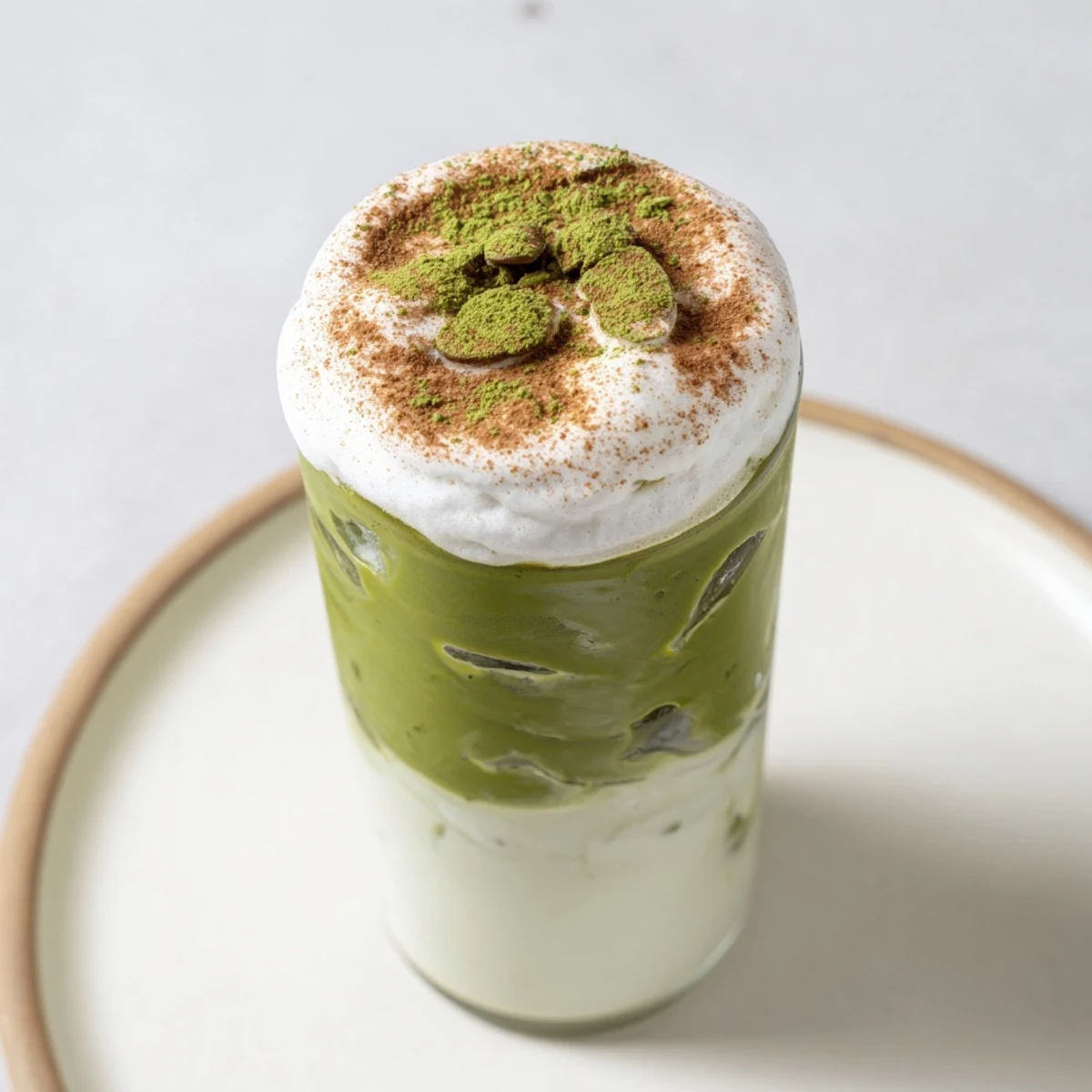 Enjoy this easy-to-make Cinnamon Roll Iced Matcha—a beautiful, layered drink garnished with cinnamon.