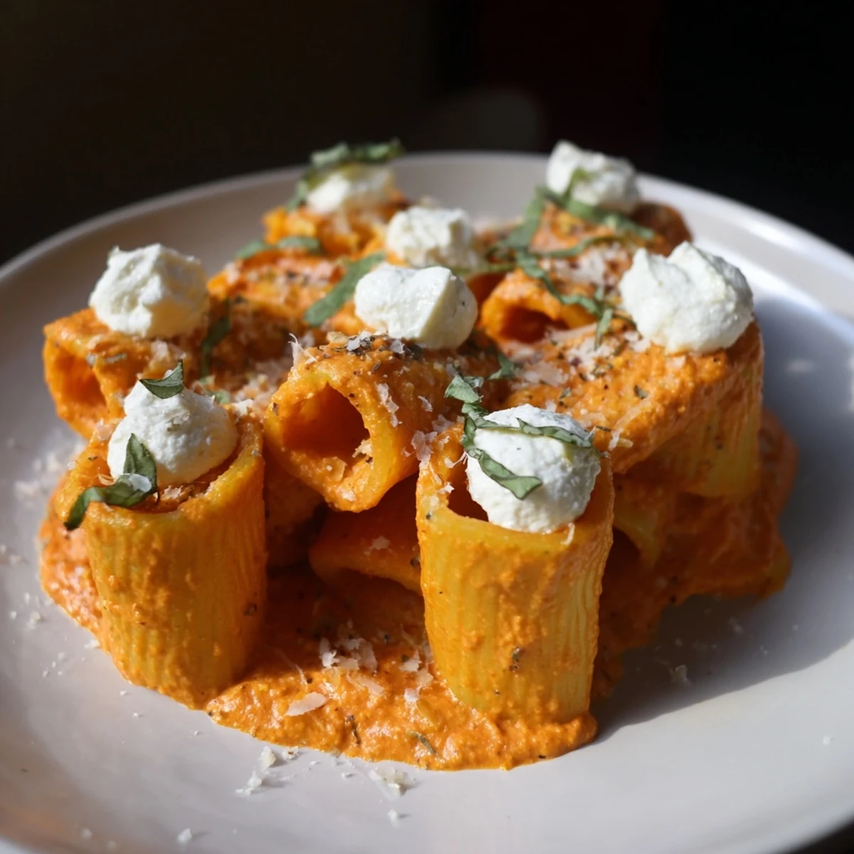 Creamy roasted red pepper Santa Hat Pasta, with ricotta hats and basil atop a vibrant pasta plate.