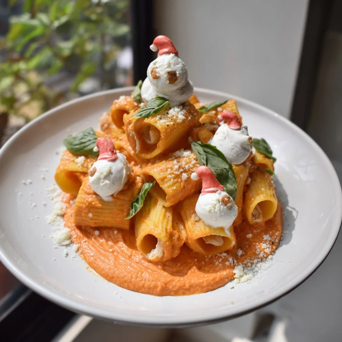 A close-up shot of the Creamy Roasted Red Pepper Santa Hat Pasta, ready for a festive dinner.