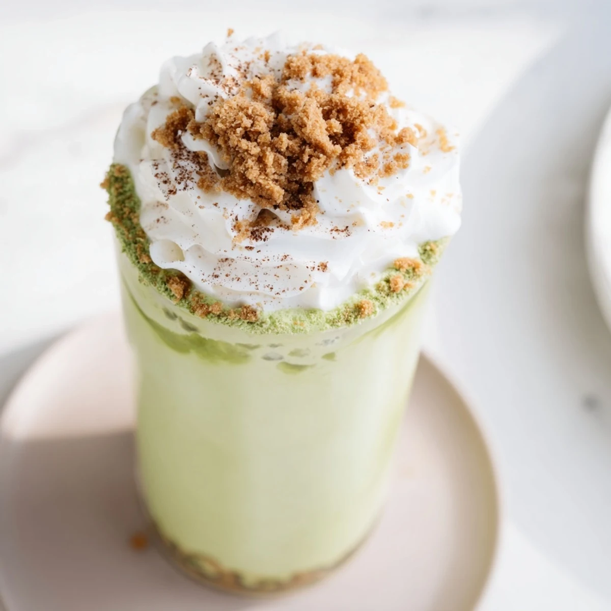 A close-up of a festive Sugar-Free Gingerbread Cookie Matcha Frappe, swirling with green and brown hues.