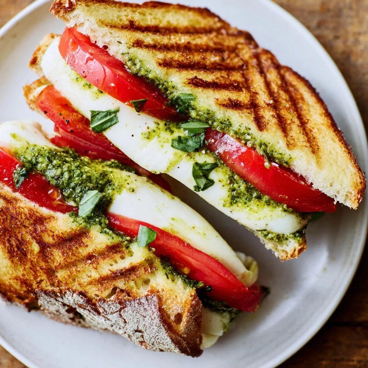 A perfectly grilled Caprese Pesto Panini-Style Grilled Cheese with red tomatoes, basil, and a crispy, golden crust.